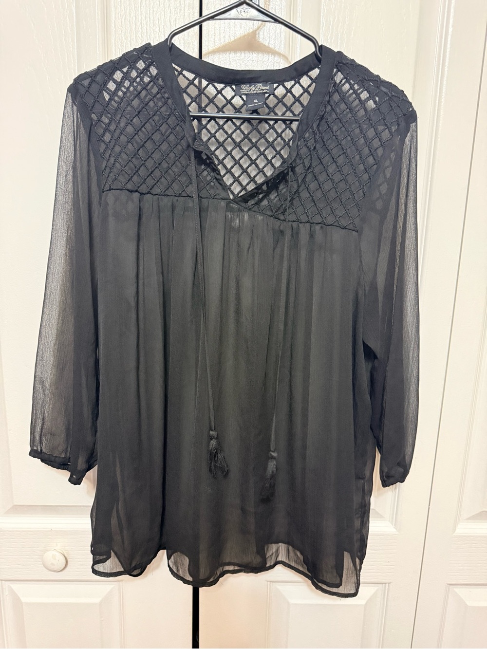 Lucky Brand Black Sheer Peasant Tunic with Lattice Yoke
